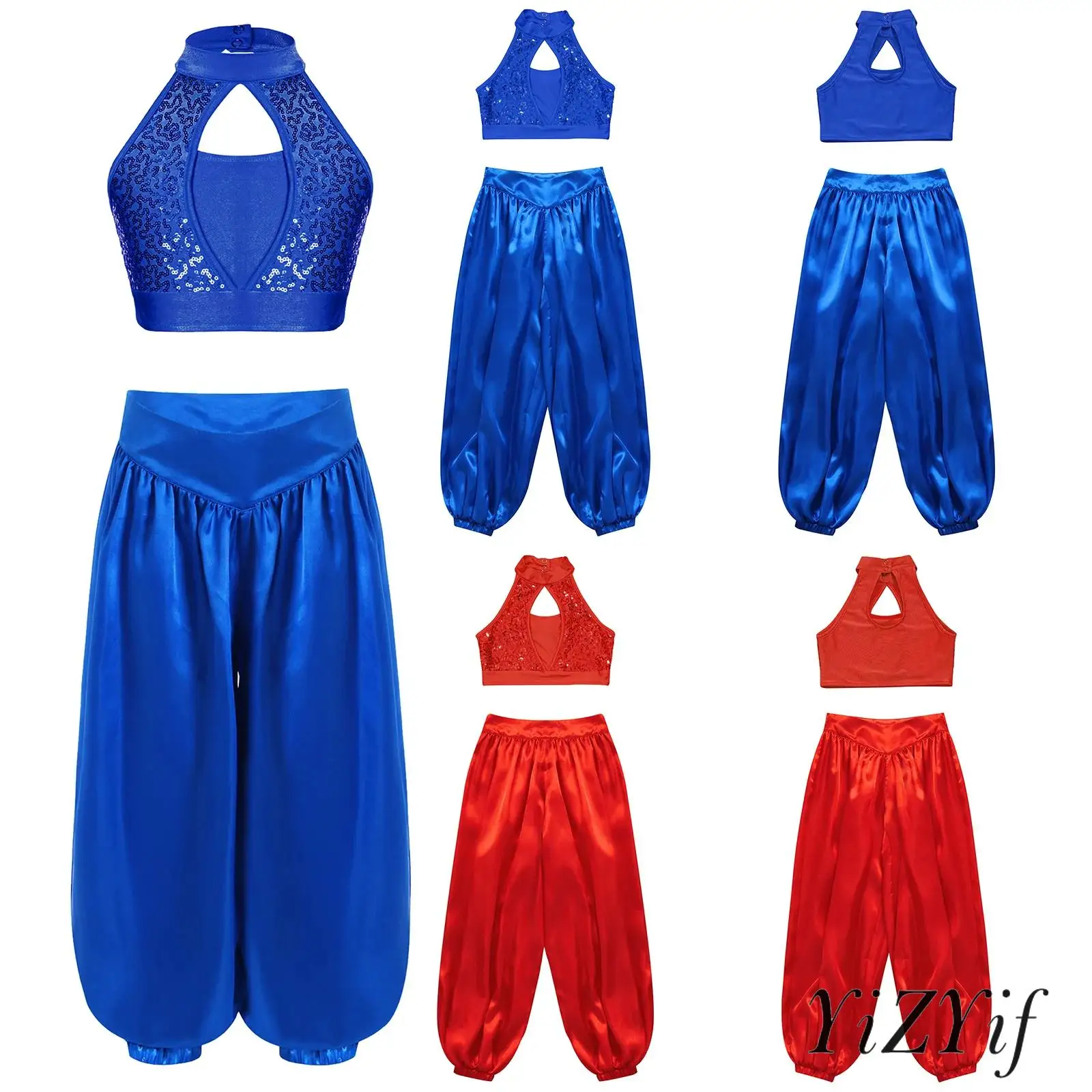 

Kids Girls Modern Dance Costume Set Glittery Mock Neck Top with Pants Keyhole Back Elastic Waist Bloomers for Stage Jazz Shows