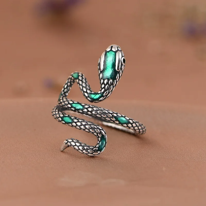 BOCAI S925 Silver Grandmother Green Diamond Snake Ring for Women Irregular Personalized Fashion Gift