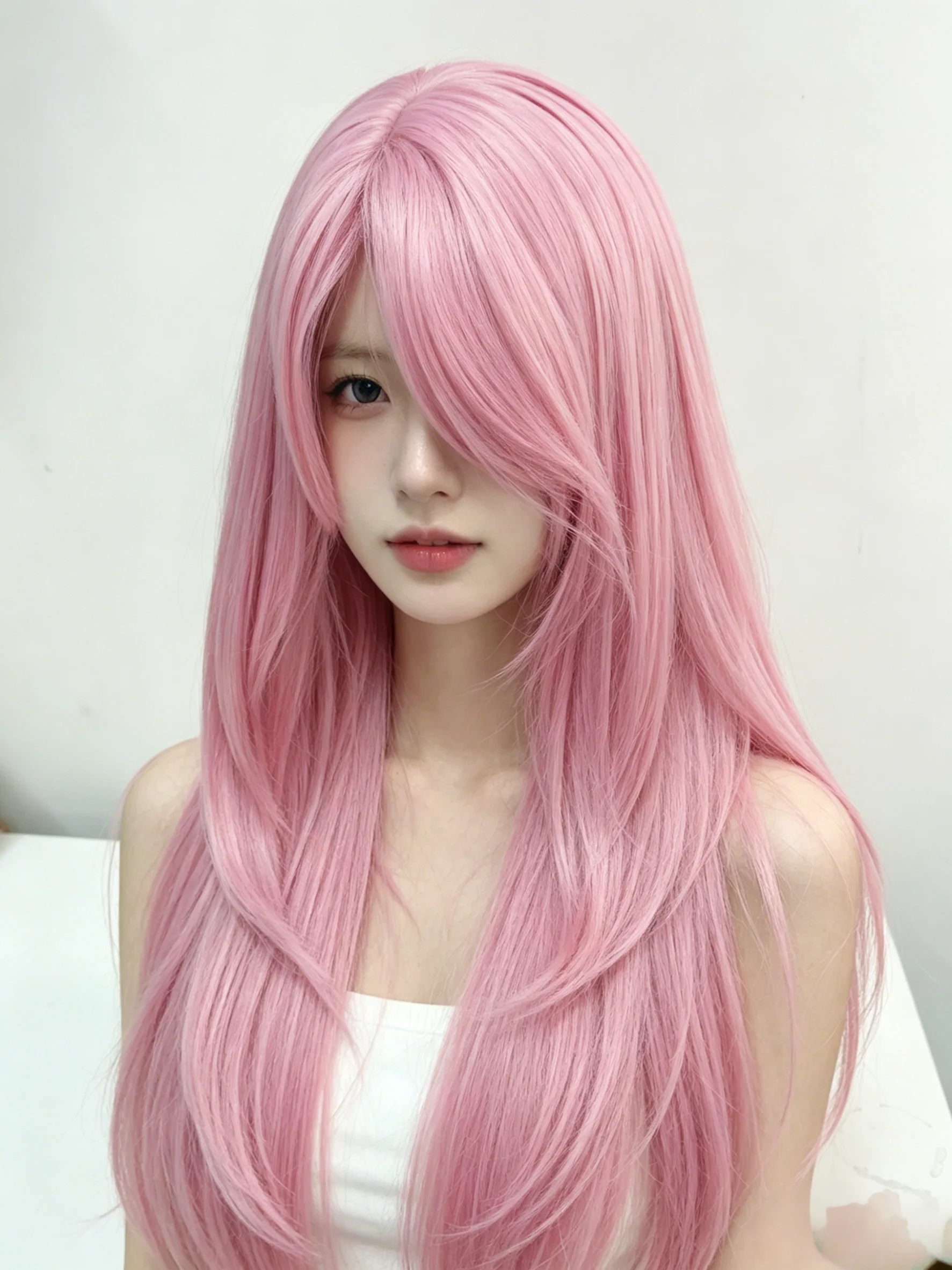 Ashely Perücke, rosa Perücke, Lolita, 50,8 cm, geschichtetes, glattes Haar, Perücken für Frauen, Vorhang-Pony, hitzebeständig, synthetisch, für Cosplay, Alltag