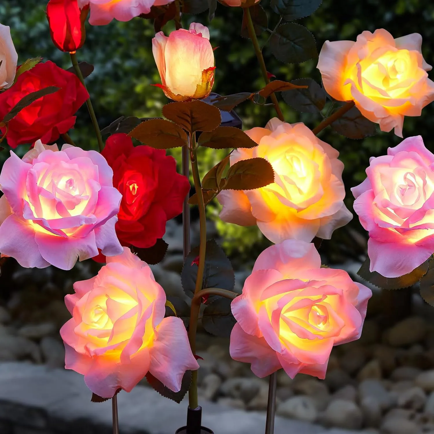 3 Heads Solar LED Romantic Garden Rose Light for Cemetery Decoration Pile Light, Garden, Courtyard, Yard & Grave Decoration