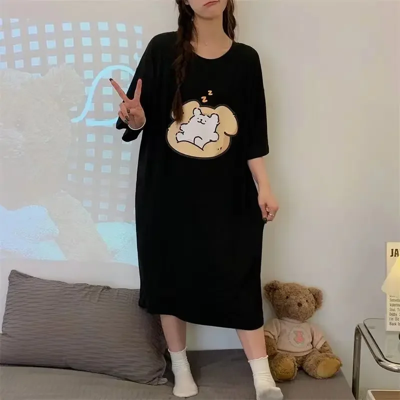 150kg Fat Mm Loose Home Dress Women Large Size Short-sleeved Lazy T-shirt Skirt Korean Cute Cartoon Pajamas Students Sleepwear