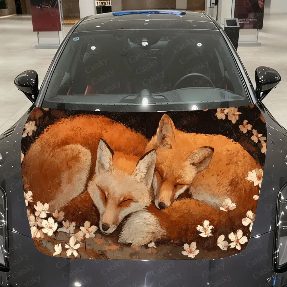 Sleeping Fox Cherry Blossom Car Hood Sticker,Waterproof Self-Adhesive Vinyl Graphics Decals,Decorative Auto Accessories Stickers