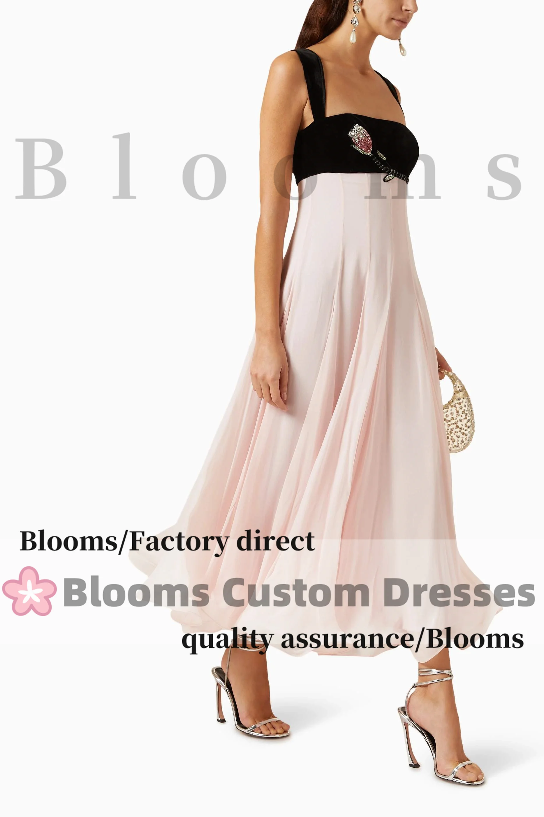 Blooms Customized Black Velvet Pink Chiffon Floral Crystal Evening Dress Sleeveless Sweet Prom Dress Birthday Formal Party Gown