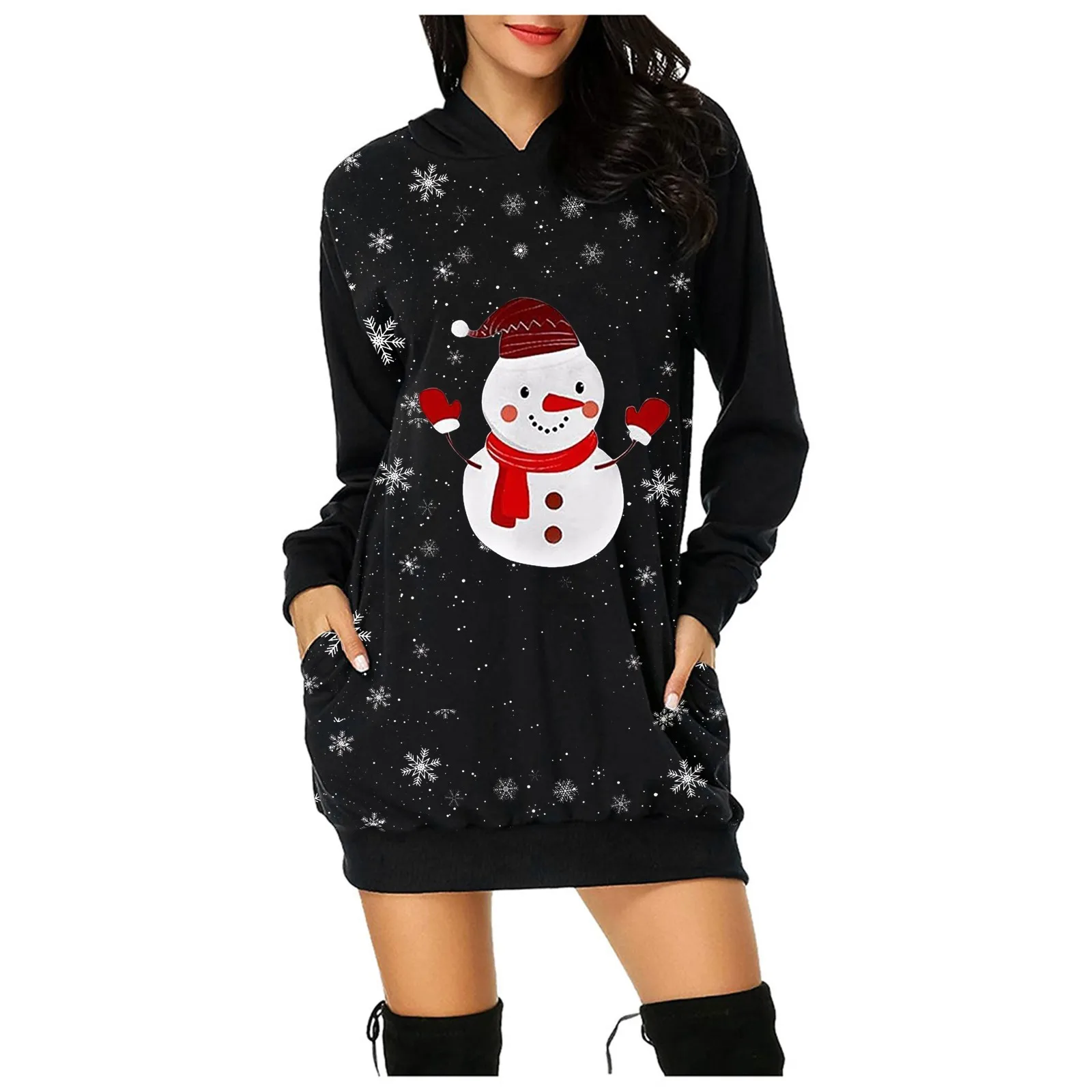 

Women's Fashion Christmas Snowman Hoodie Bag Hip Pocket Print Hoodie Dress Mid Length Dress Cute Printed Slim Fit Pullover Dress