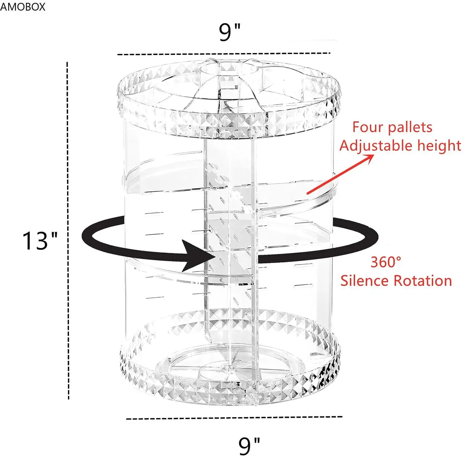 AMOBOX-Makeup Organizer with Adjustable Spinning,Cosmetic Storage Cases,Make Up Holder,Display Cases,360 Degree Rotating, 4 Tier