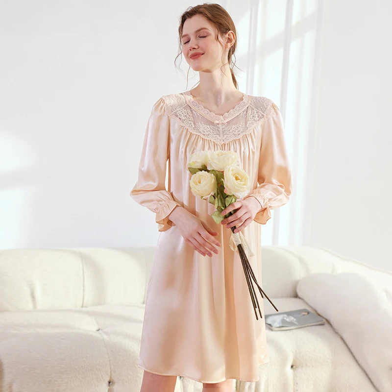 Winsleter-19MM 100%Real Silk Sexy Nightgown, Long Sleeve V Neck Lace, Women French Chic Pajamas Dress, 2025 Autumn New P5O803CC