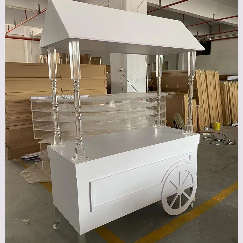 

Wedding supplies mobile flower display sweet candy cart wooden party decoration event white dessert candy bar cart for parties