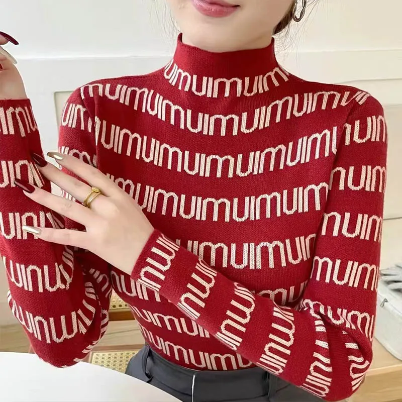 Women Clothing Fashion Half High Collar Letter Knit Pullovers Autumn Winter Casual All-match Long Sleeve Slim Sweaters Chic Tops