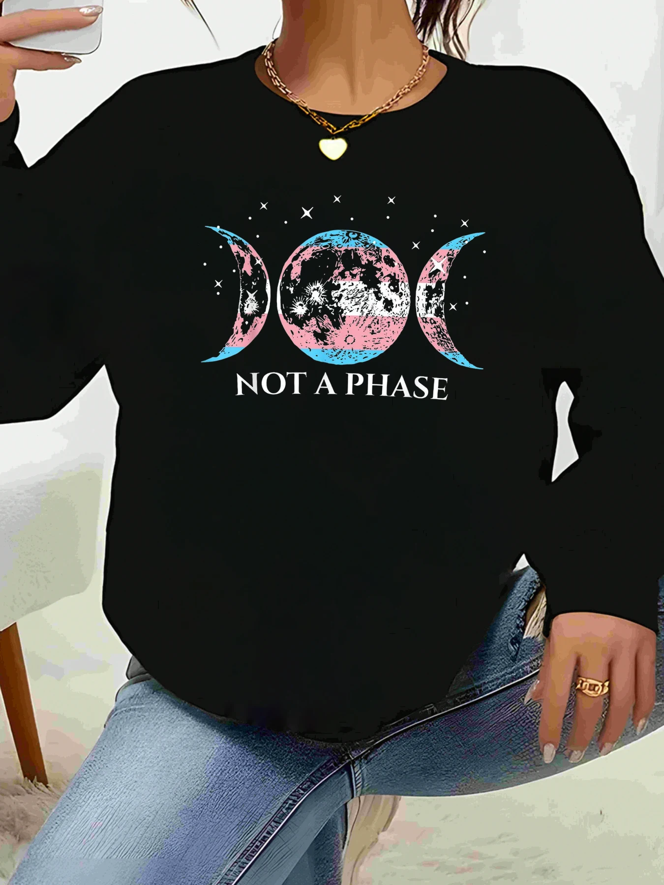 Mondphasen, keine Phase, langärmliges Oberteil mit Aufdruck, Halloween-Freizeitkleidung für Damen