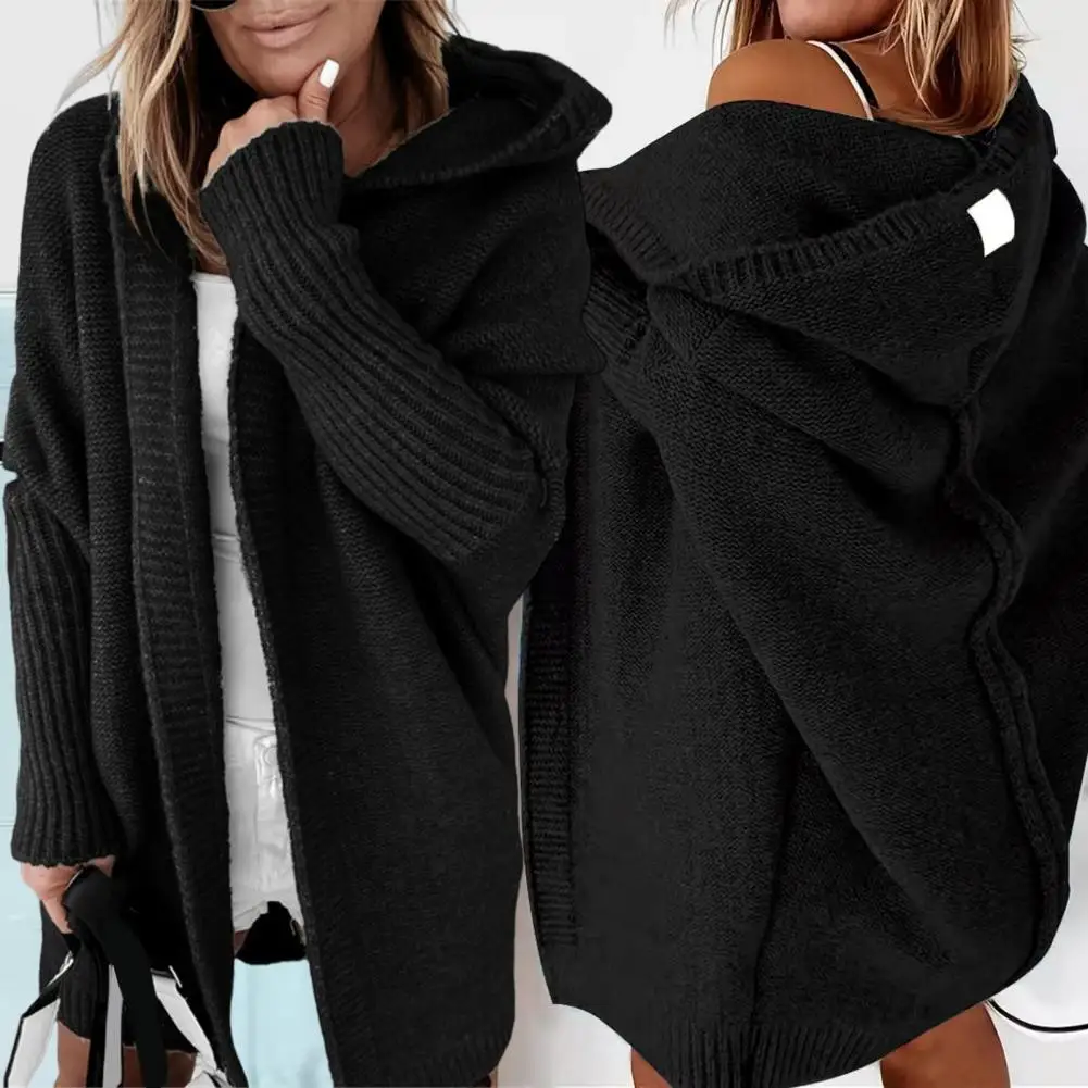 Women Knitted Cardigan Jacket Stylish Women's Hooded Sweater Coat with Ribbed Cuffs Open Front Knitting Cardigan Solid Color