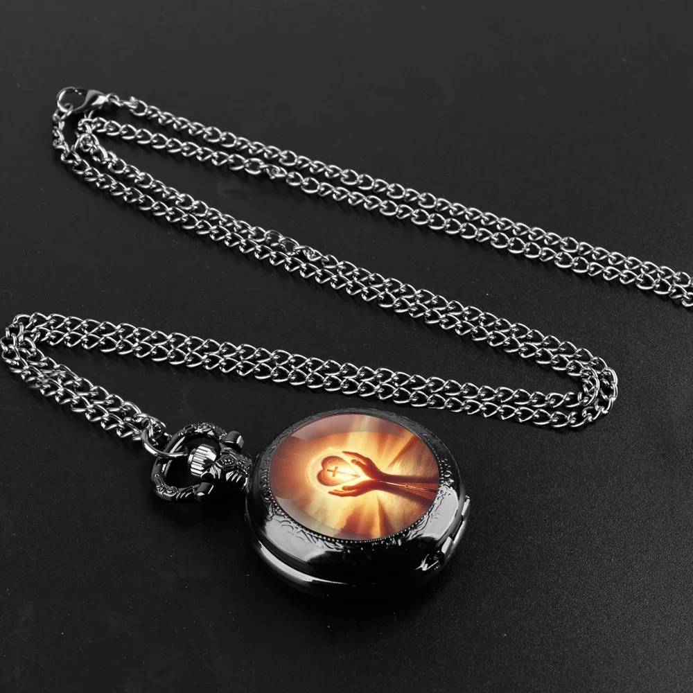 

He is risen! Easter Themed Glass Dome Quartz Pocket Watch with Arabic Numerals Dial Durable Chain Perfect For Easter Gifts