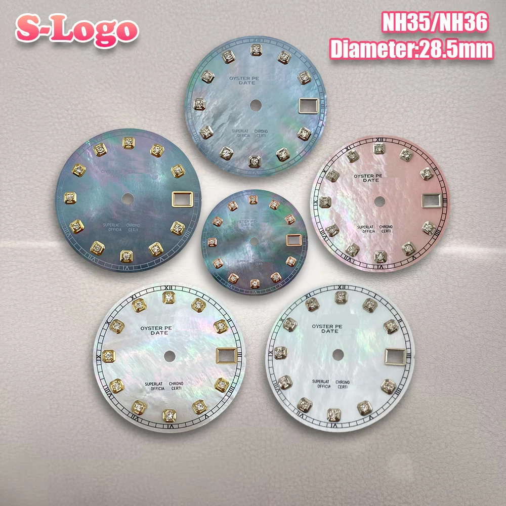 

28,5 мм S логотип NH35 бриллианты перламутровый циферблат подходит для движения NH36 не светящиеся аксессуары для модификации часов Инструменты для ремонта