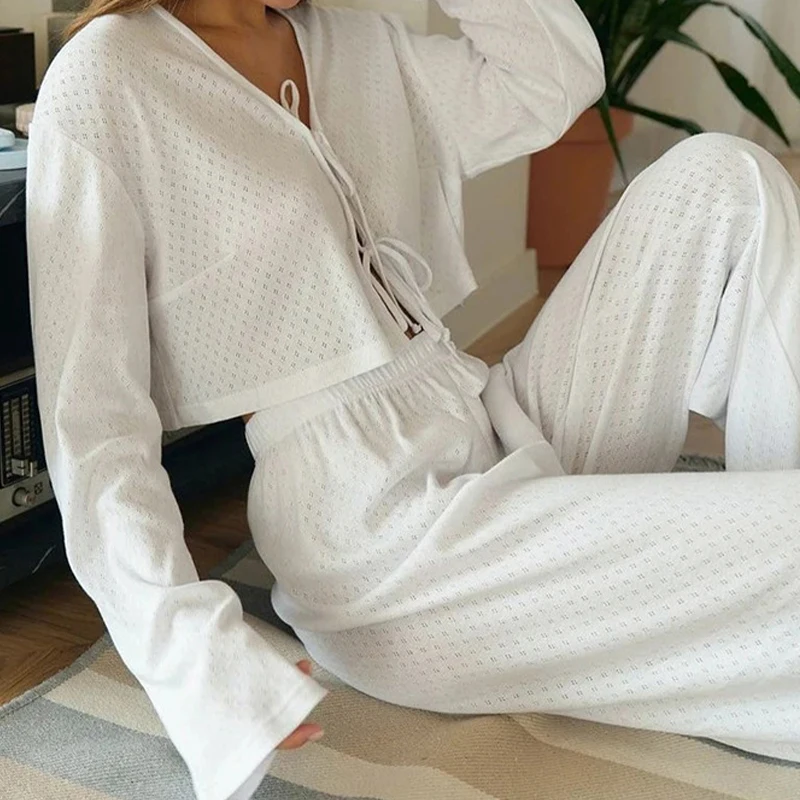 Breathable Jacquard Long-Sleeved Exposed Navel Lace-Up Pajamas And Trousers Two-Piece Lady Versatile Suit Autumn Loungewear Suit