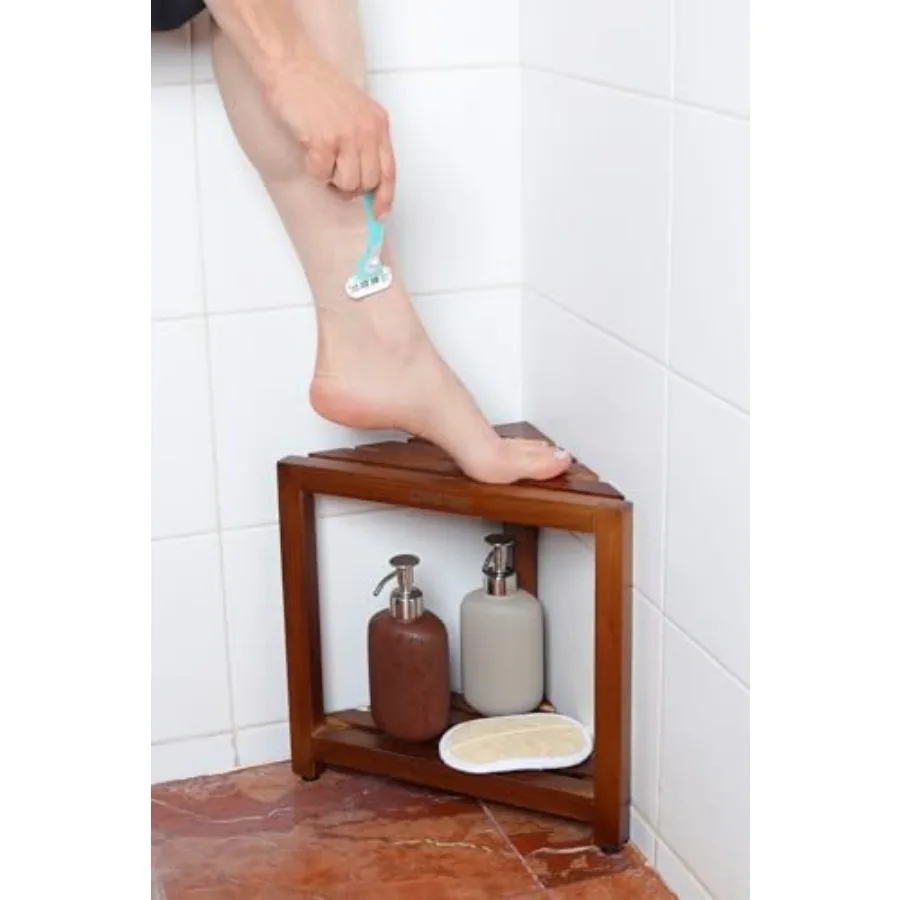 

Teak Corner Shower Stool Waterproof 12 Teak Shower Bench with Shelf Ideal for Inside Shower and Shaving Legs