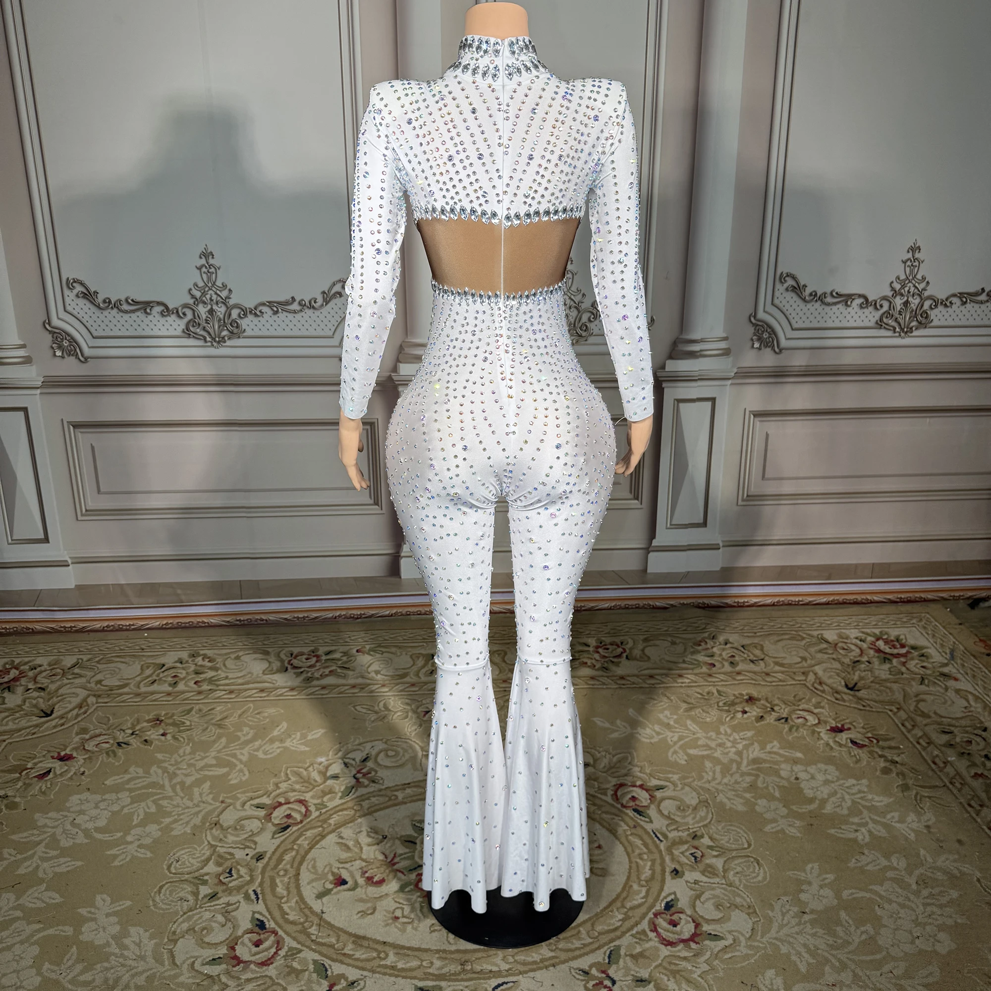 ZD Sexy Long Sleeves Stretch Rompers Club Party Showgirl Pole Dance Leotard Female One Piece Bodysuit Women Rhinestone Jumpsuit