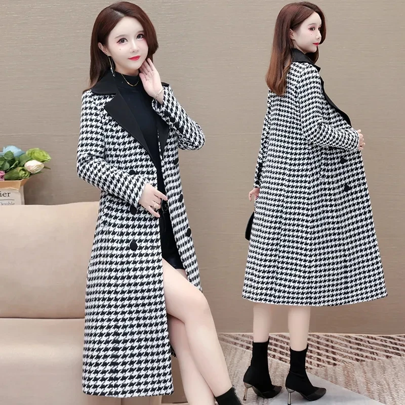 Autumn Winter New Chic Plaid Woolen Windbreakers Women's Overcoat houndstooth Fashion Slim Stitching Waist Thick Coat Outwear