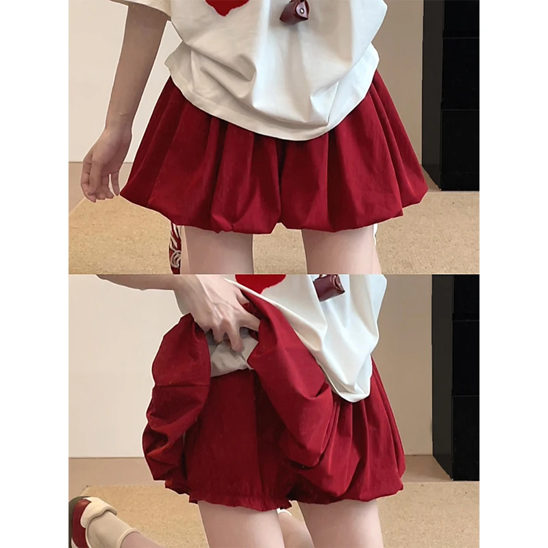 

Korean Style Red Flower Bud Skirt High Waisted Fashionable Half Skirt Sweet Versatile A-line Pleated Short Skirt Summer New