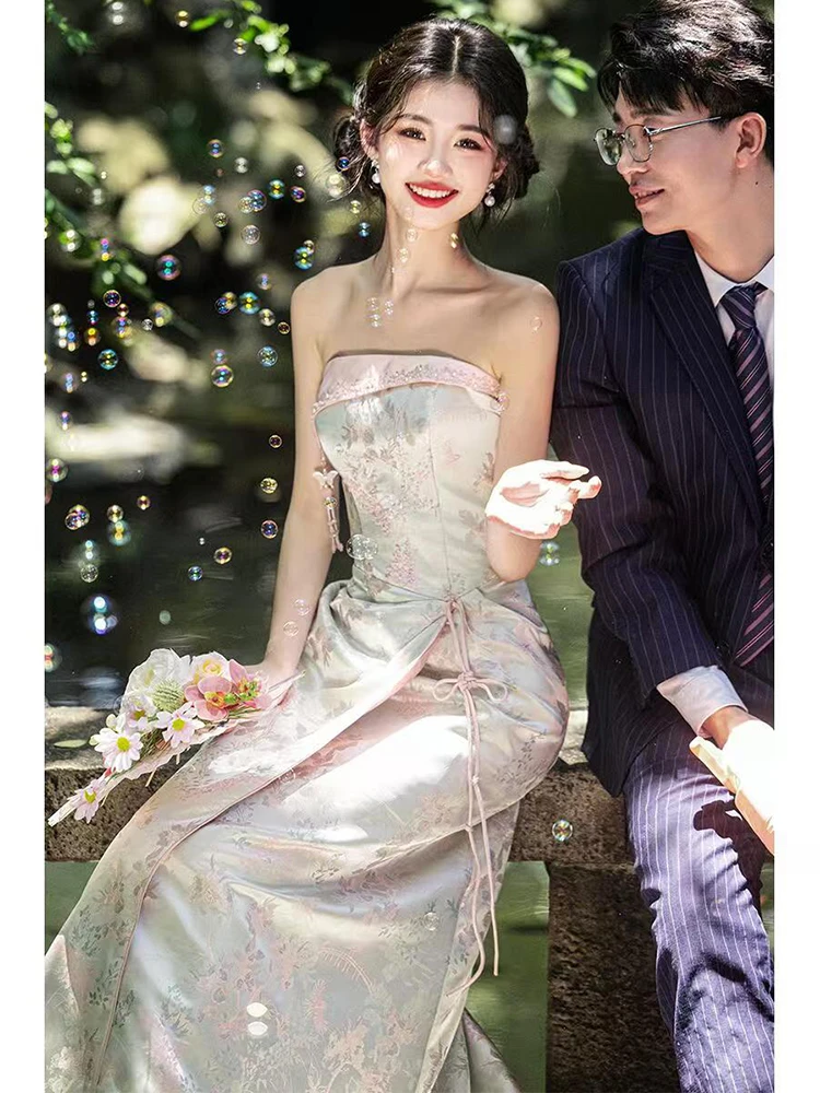 

Новый китайский утренний халат для женщин, роскошный легкий свадебный костюм-ципао без бретелек для церемоний