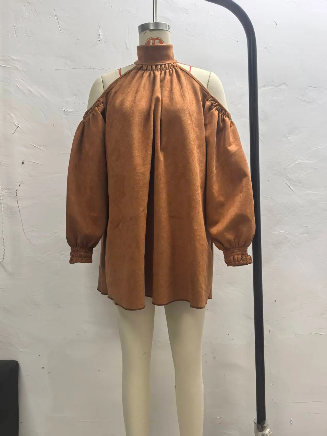 Camel Suede Cold Shoulder Mini Dress Women 2026 Spring New Halter Neck Lantern Sleeve Loose Western Casual Party Dress Vestidos