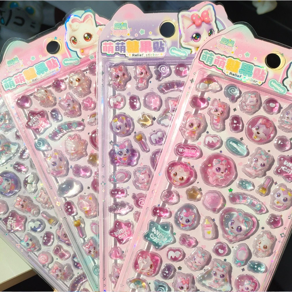 

Наклейки Wish Cat Cute 3D Relief — прозрачные, кристально чистые, водонепроницаемые, для декора телефонов девочек, мультяшные, для творчества и подарков