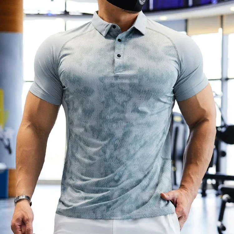 

Muscle Workout T-shirt Mens Gym Jogging Short Sleev Tops Man Outdoor Cycling Sweatshirt Homme Elastic Quick Drying Sports Shirts