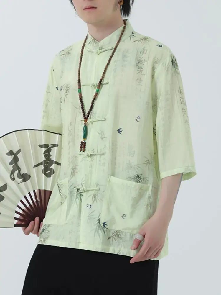 

Ice Silk ort Sve irt Men's Summer New Sle Retro Button Stand Collar Tang Costume New Chinese Sle Improved Hanfu Thin