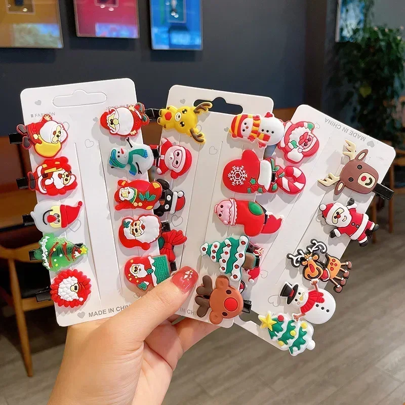 10PCS/Set Cute Christmas Hair Clips for Girls Colorful Cartoon pins Kids Barrettes Santa Claus  Accessories Headwear