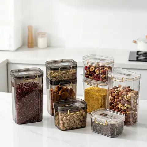 Airtight Food Storage Containers with Lids Clear Stackable Kitchen Pantry Organizer PET Plastic Fridge Box for Cereal Snack Jar