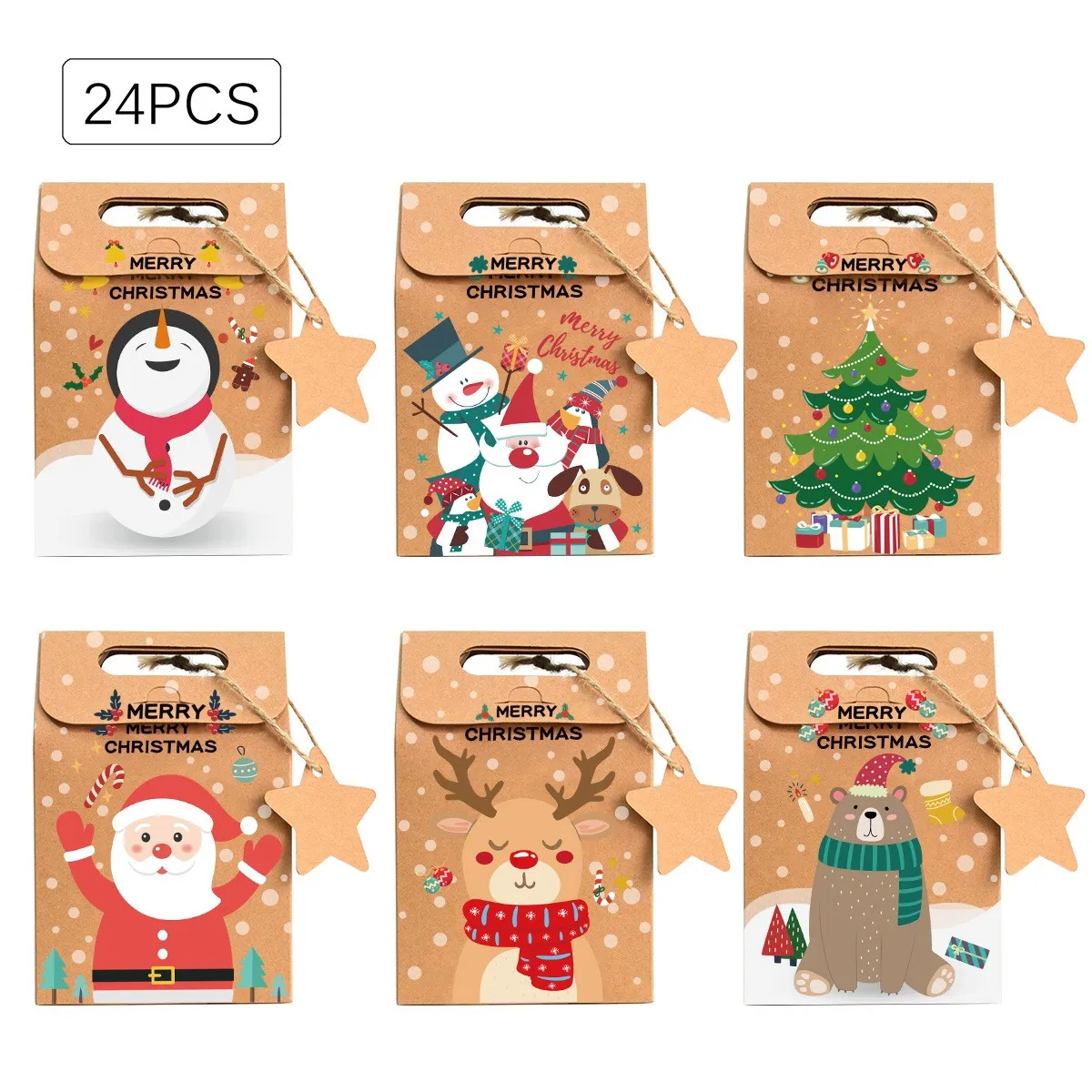 6/12/24Pcs Christmas Candy Gift Box with Tag Kraft Paper Cookie Snack Packing Bags 2024 Xmas Party Home Decoration New Year 2025