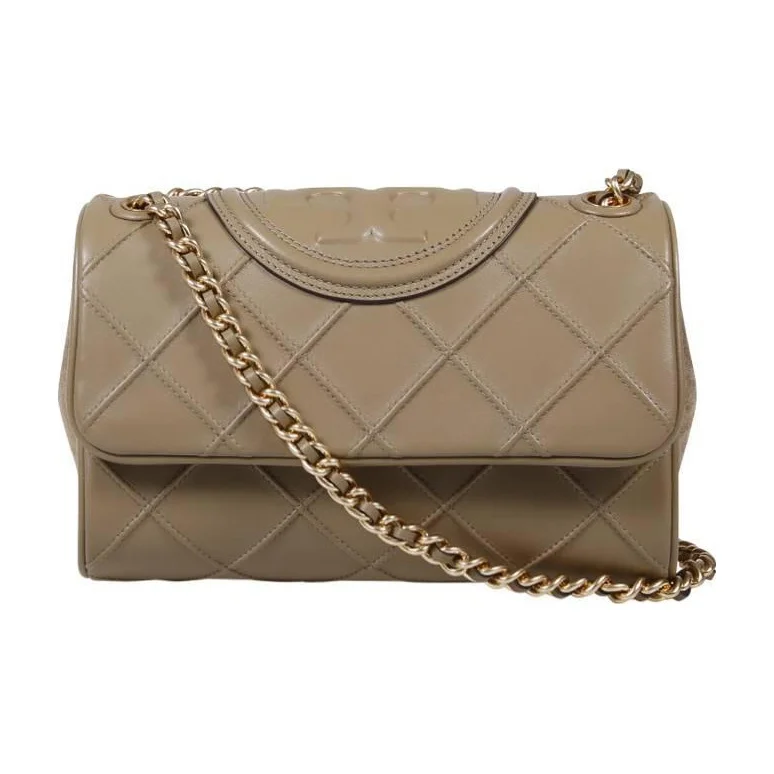 Bolsa Tory Burch Fleming de Couro com Corrente Trançada Escovada, Bolsa Transversal, Bolsa de Ombro Feminina Marrom Gravel 139060-200