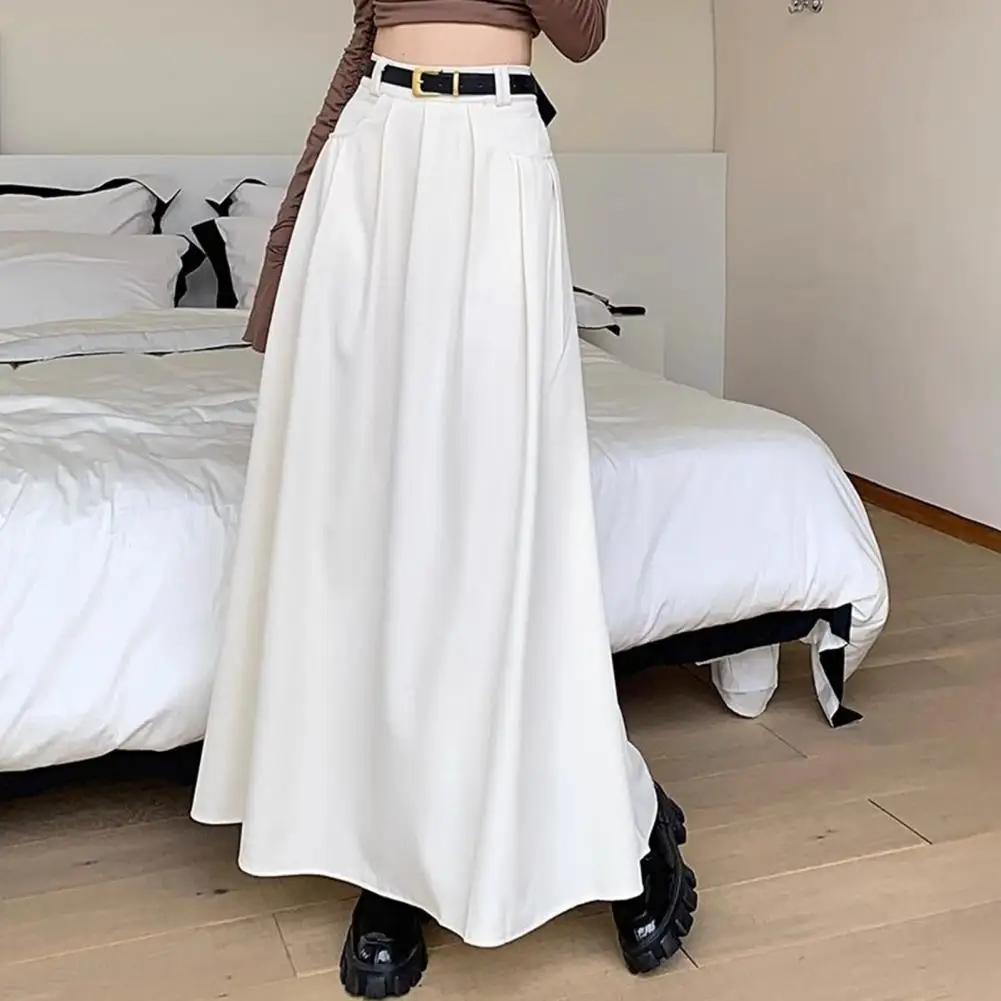 Women High Waist Pleated Skirt Elegant Flared A-Line Midi Skirt with Pockets Fashion Solid Color Lady Long Skirt for Autumn