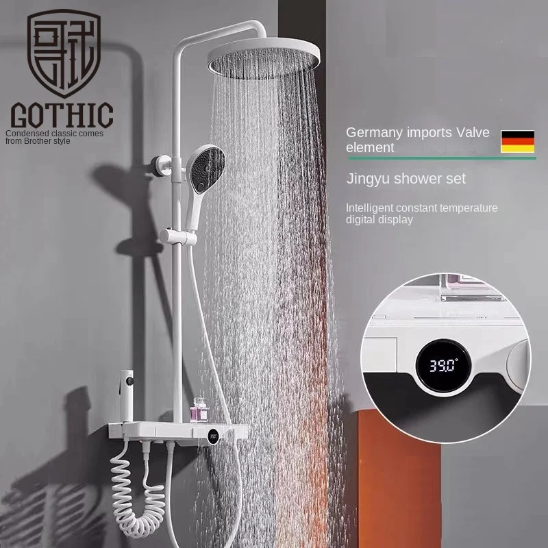 

Bathroom Faucets White Thermostatic Shower System Digital Display Black Shower Set Of Household Four Functions With Spray Gun