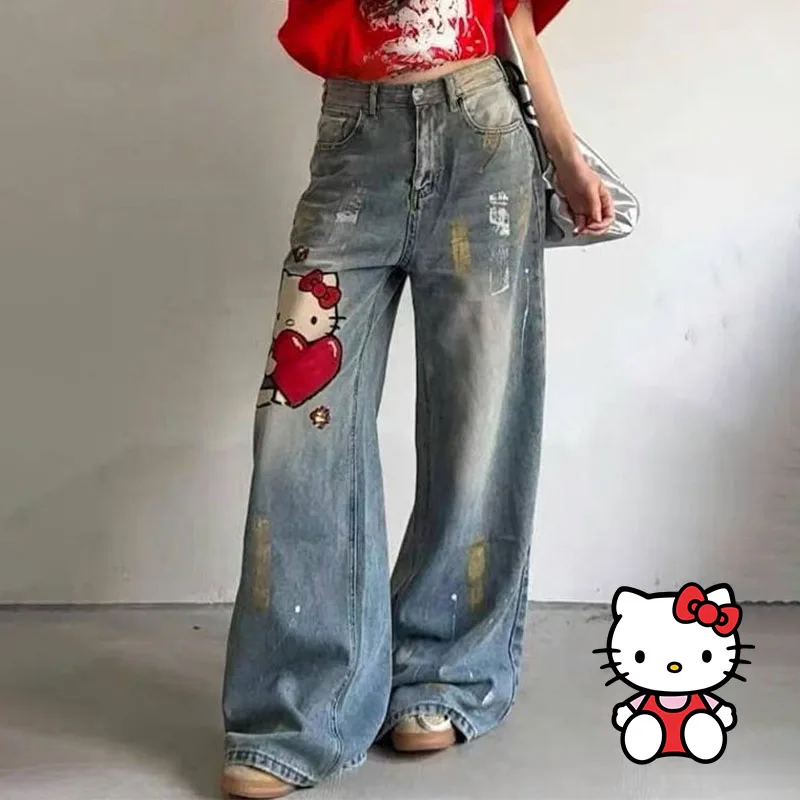 

Трендовые джинсы с принтом Hello Kitty Y2K, корейская версия, уличная одежда, джинсы, свободные прямые брюки, женские модные винтажные широкие брюки