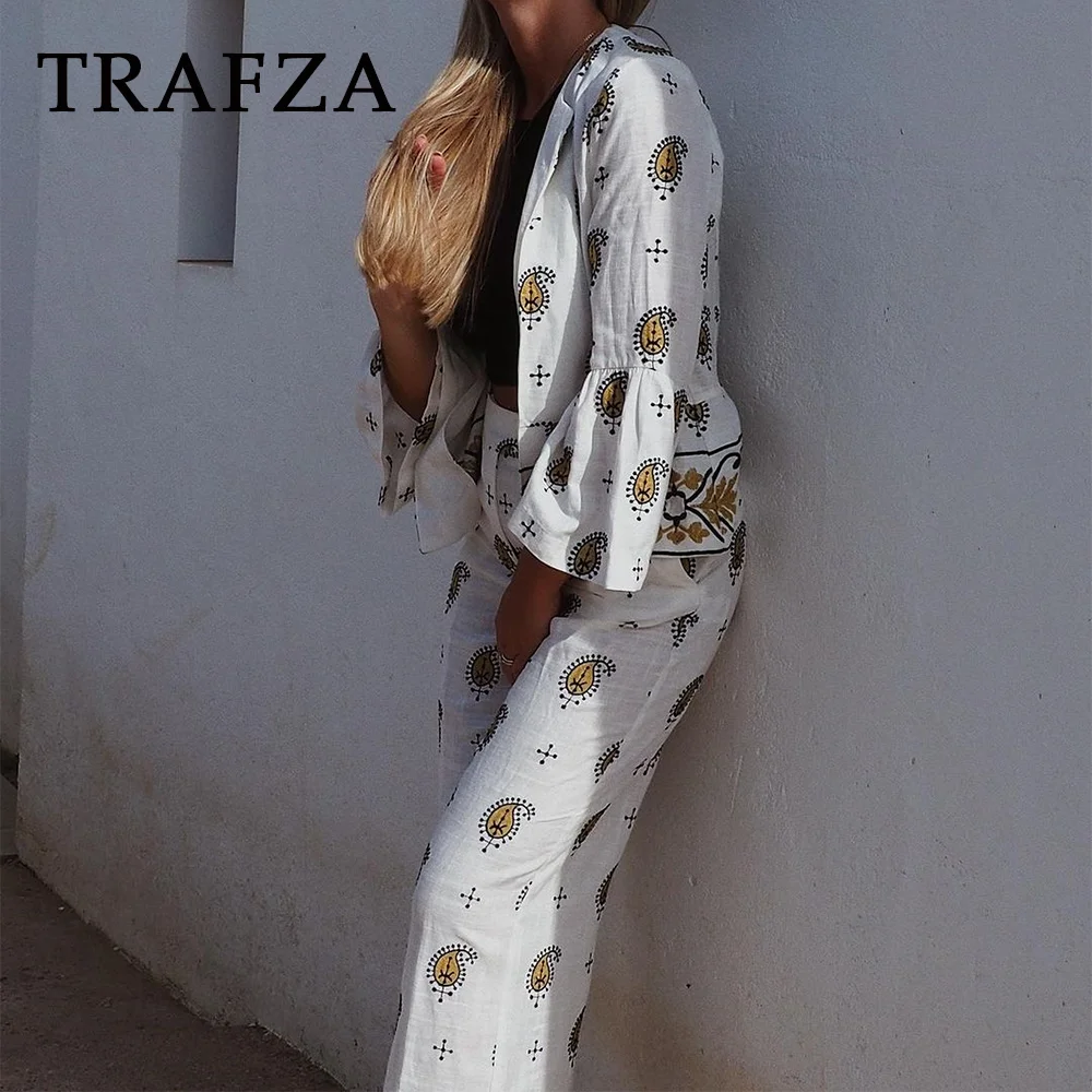 TRAFZA 2024 Spring Summer Casual Women Embroidery Suits Fashion Solid Flare Sleeve Open Stitch Blazers+Mid Waist Wide Leg Pants