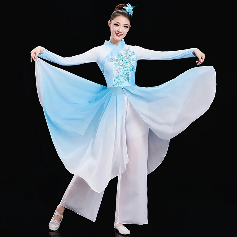 Kostum Pertunjukan Tari Klasik Jiangnan, Tari Modern Elegan Berbentuk Persegi, Tari Yangge dengan Kipas, Tari Payung Retro