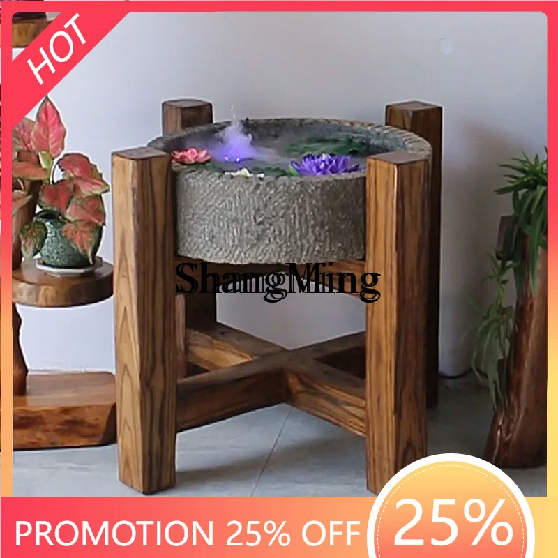 SM new household round stone trough fish tank, creative flower stand, outdoor balcony tea table log furniture