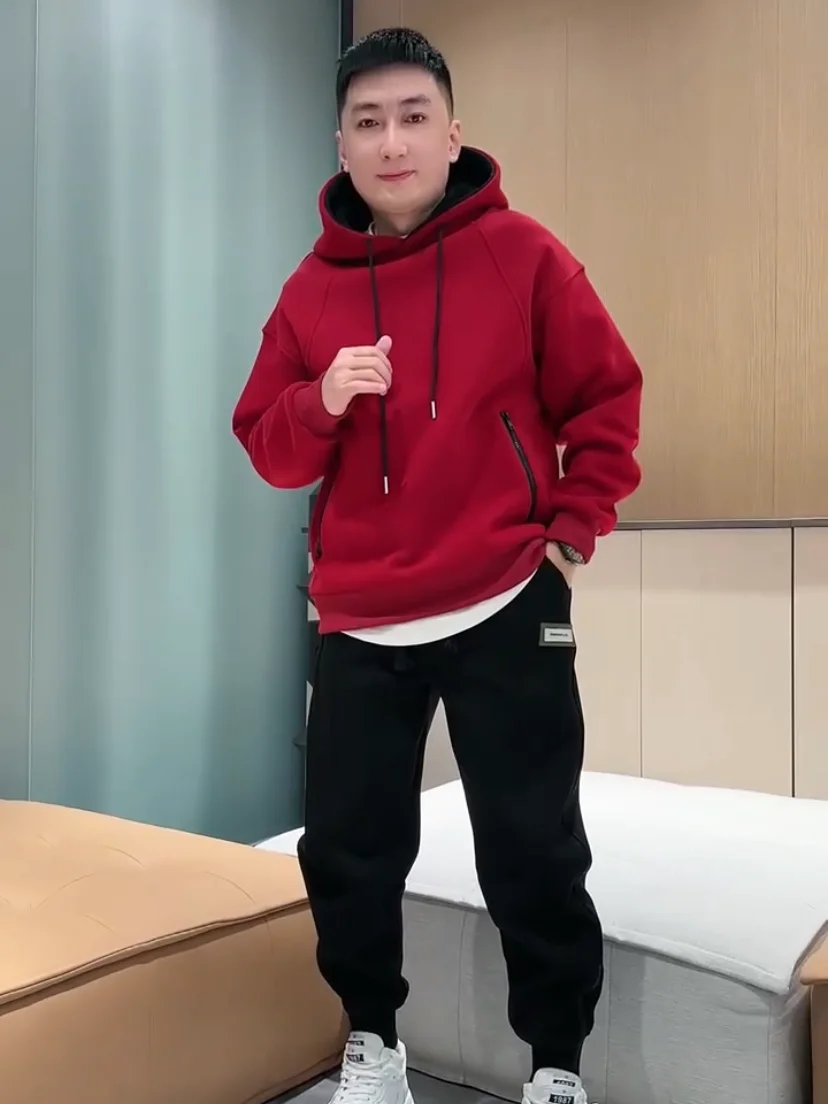 

Мужская зимняя утепленная толстовка с капюшоном на флисовой подкладке, повседневная толстовка на молнии с длинными рукавами, модная универсальная молодежная толстовка свободного кроя, удобная