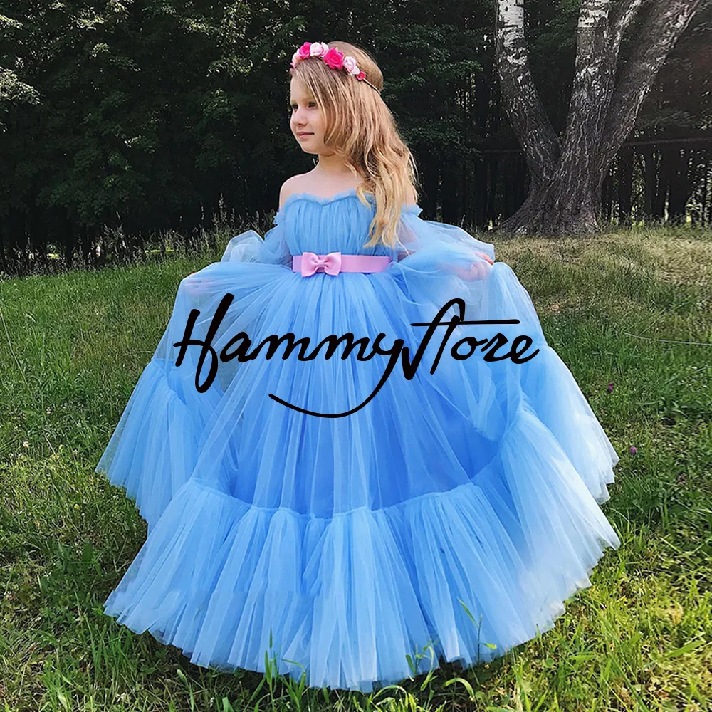 Sky Blue Princess Party Jurken Voor Meisjes Puff Mouwen Sweetheart Zachte Tulle Lange Bloem Meisje Jurk Kinderen Communie Gown