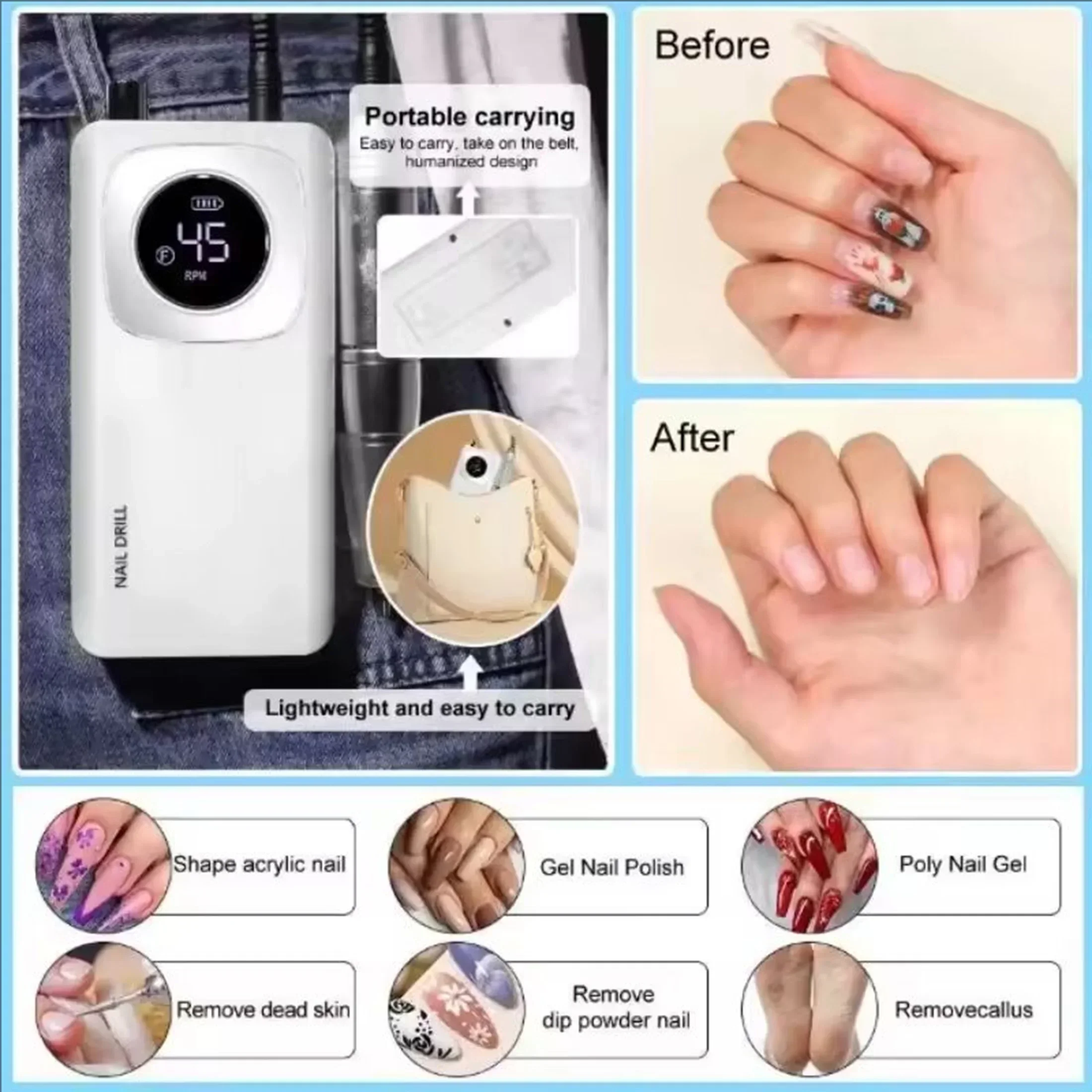 مجموعة مثقاب أظافر كهربائية محمولة، تستخدم لإزالة وتلميع عامل تلميع الجل، أداة تكنولوجيا فعالة لتعزيز الأظافر