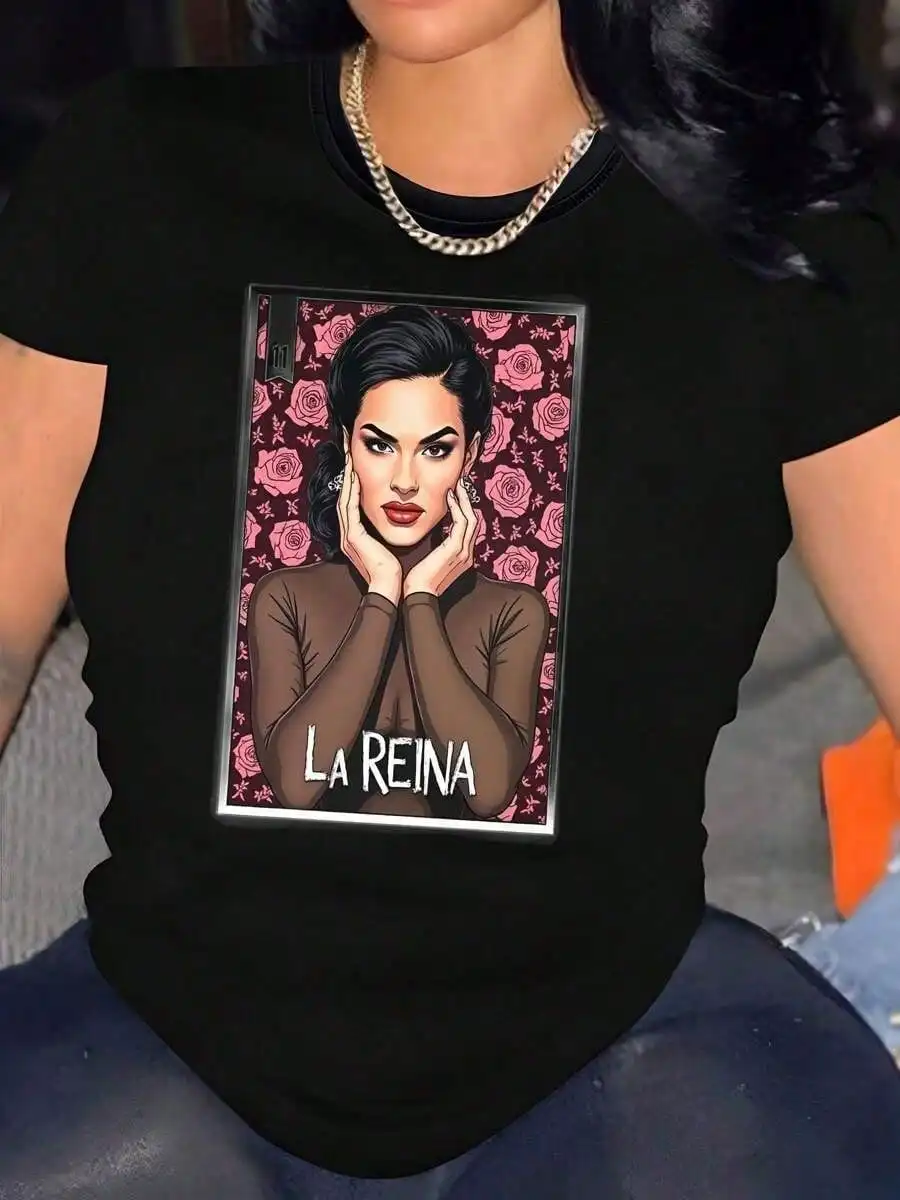 La Reina Graphic Print Crew Neck-Shirt - Casual Short Sleeve Cotton Tee, Soft And Breathable Top, Daily Wear, Vacation, Women, G