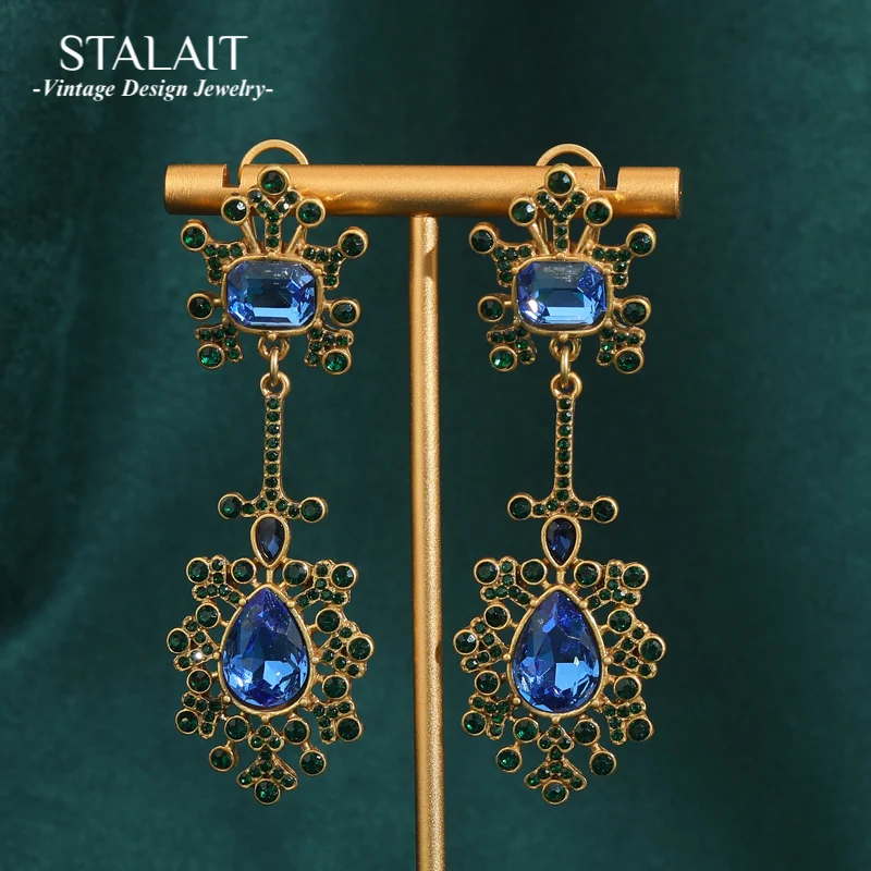 

Vintage Blue Crystal Water Drop Korean Earrings for Women Palace Branches Antique Jewelry Gold Color Gifts for Women New 2025