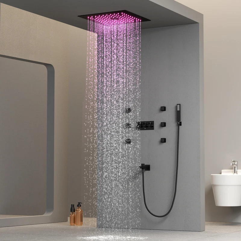 Ceiling Embedded Black Shower System 12 Inch LED Mist&Rain Shower Head Bathroom Cold and Hot Shower Faucet Set