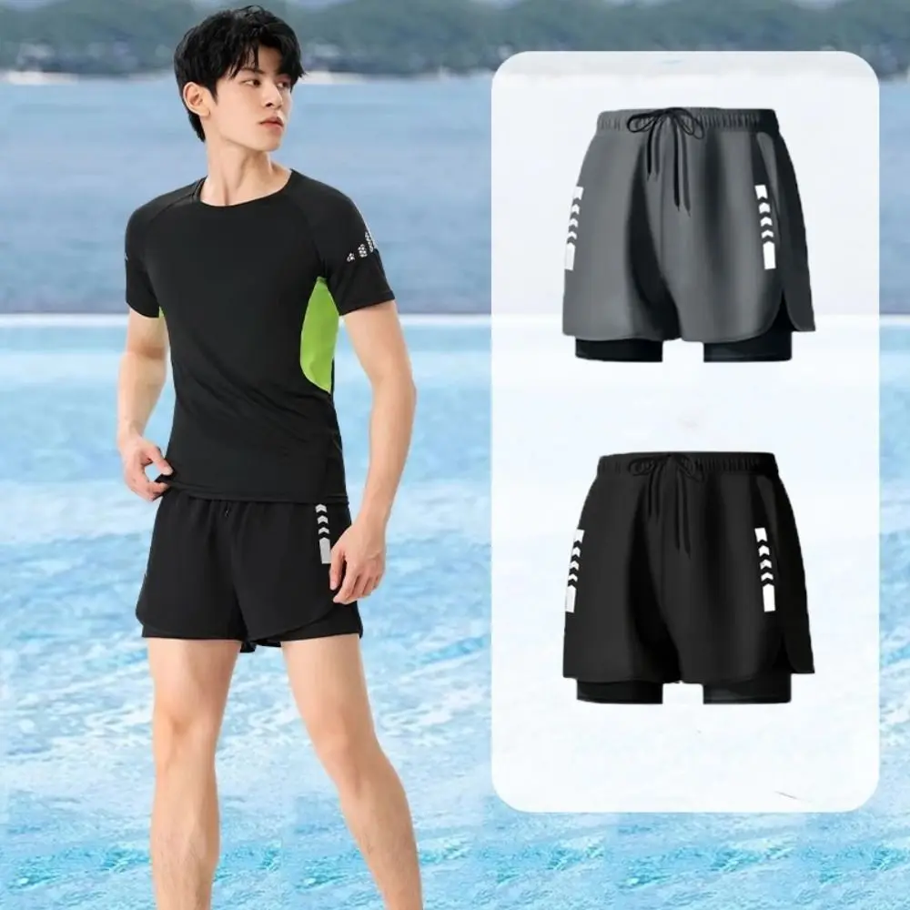 

Double Layer Swimming Trunks Shorts Short Pants Mid Waist Men Sports Training Shorts Anti Glare Surfing Pants