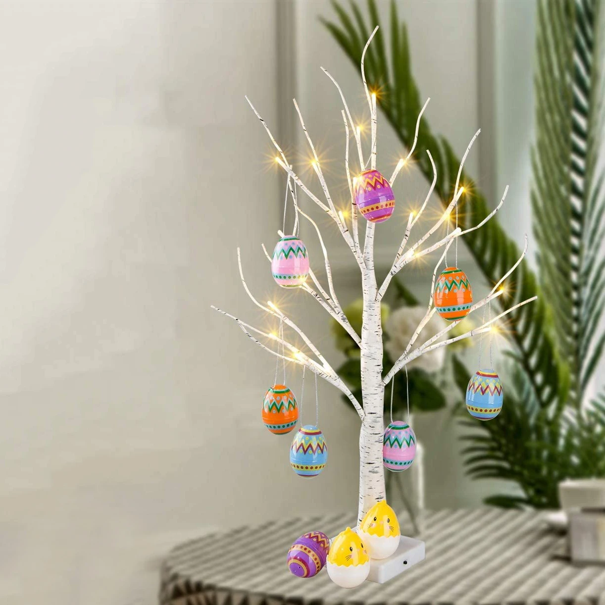 60cm Easter Birch Tree with Led Light Decoration Easter Eggs Hanging Ornaments Happy Easter Party Tabletop Tree Decor Kids Gifts