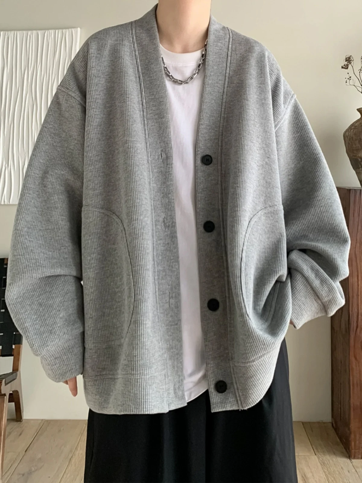 

Мужской повседневный кардиган-свитшот с V-образным вырезом, весенне-осенний, в стиле ретро, плотный, свободный, стильный, для повседневной носки