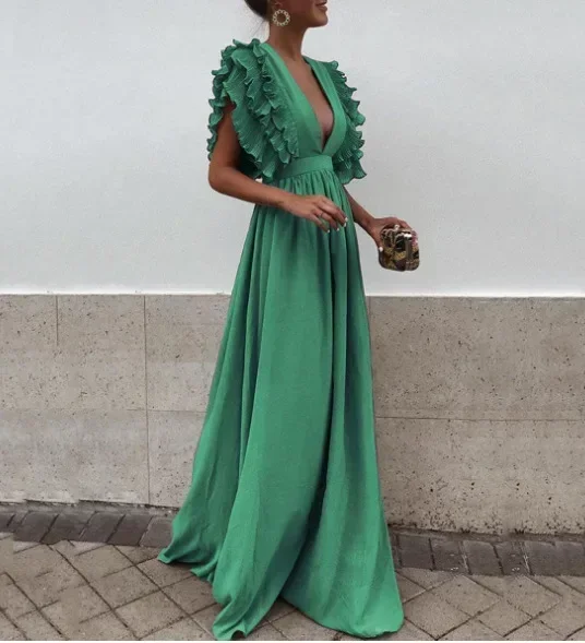 2023 Frühjahr/Sommer Neue Damenmode Fliegende Ärmel V-ausschnitt Open Back Einfarbig Langes Kleid Süßes Kleid