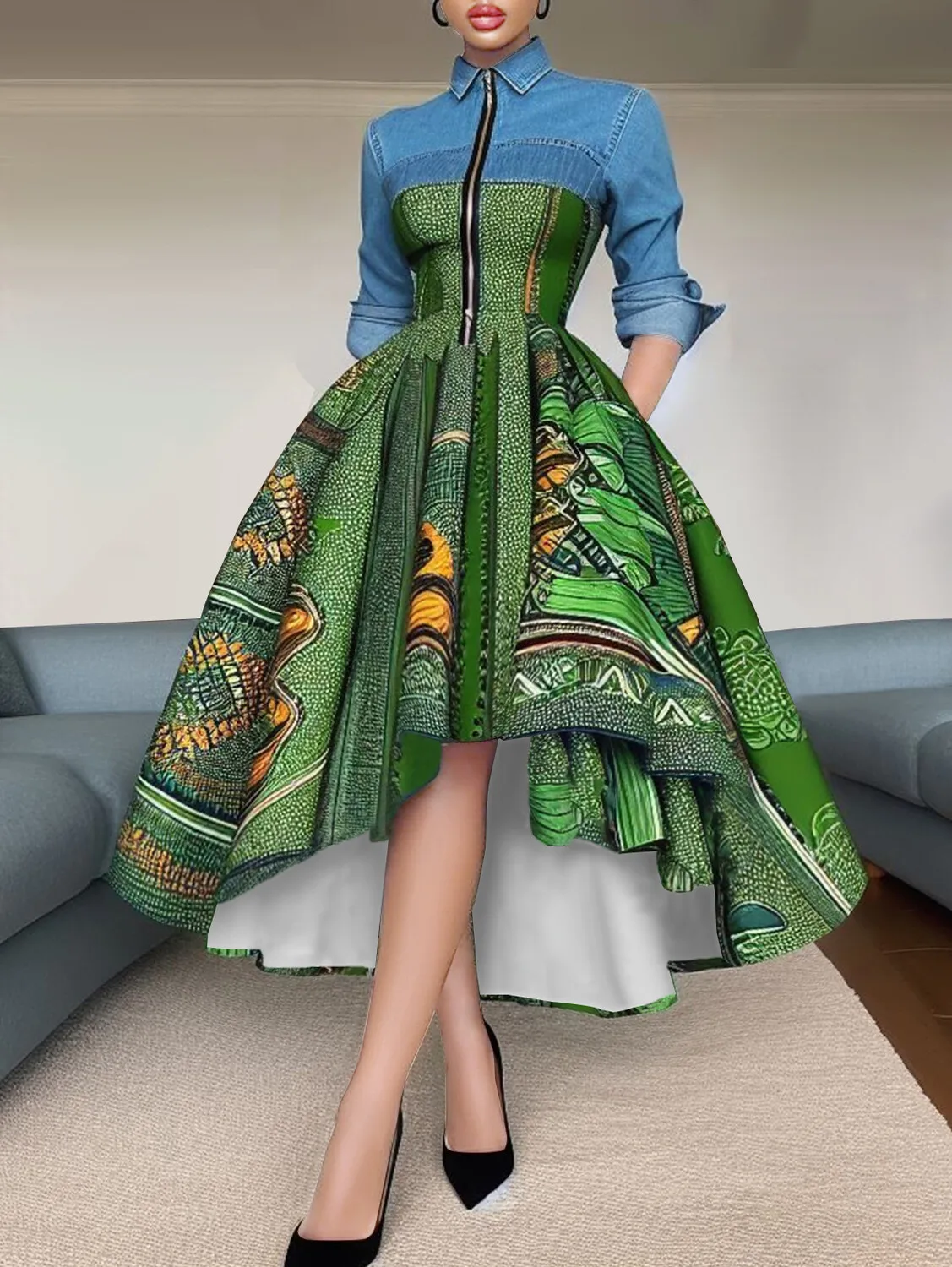 Women Denim Collar Print High Low Midi Dress  Long Sleeve Elegant Stylish Formal Dress Perfect For Banquet Party Ladies Dress