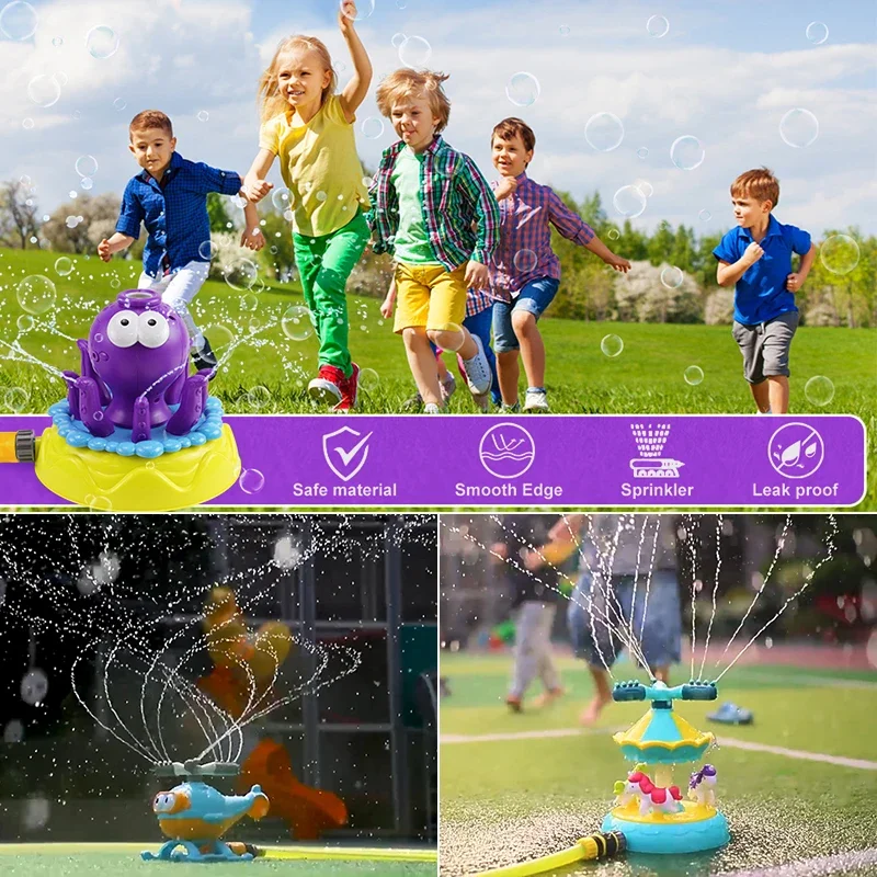 Water Spray Sprinkler for 3-6 Kids 2 in1 Rotating Octopu Sprinkler with Bubble Machine Summer Outside Garden Lawn Water Toy Gift