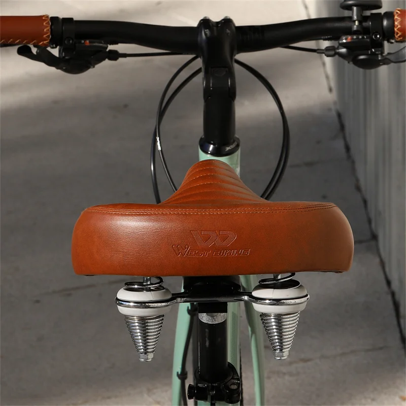 WEST BIKING Widen Bicycle Saddle Retro PU MTB Bike Cushion Comfortable Spring Shock Absorption Bike Saddle Cycling Accessories