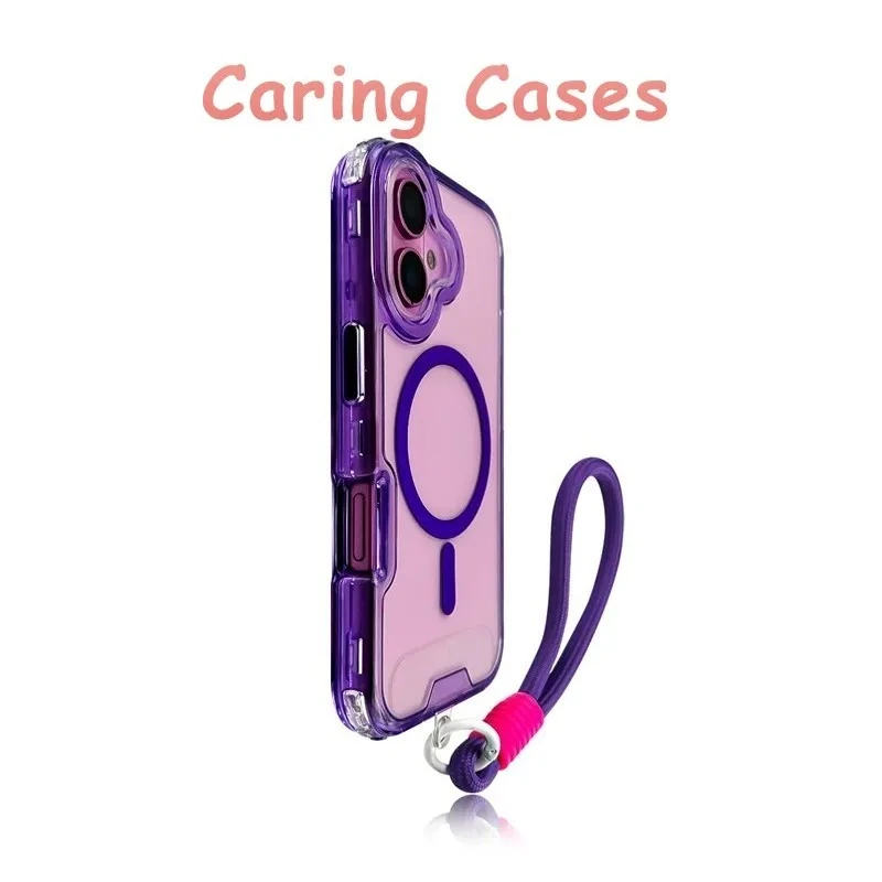حافظة لهاتف آيفون 17 برو ماكس فوشيا شفافة MagSafe 2 في 1 حبل مقاوم للصدمات متوافق مع آيفون 16 15 14 13 12 11